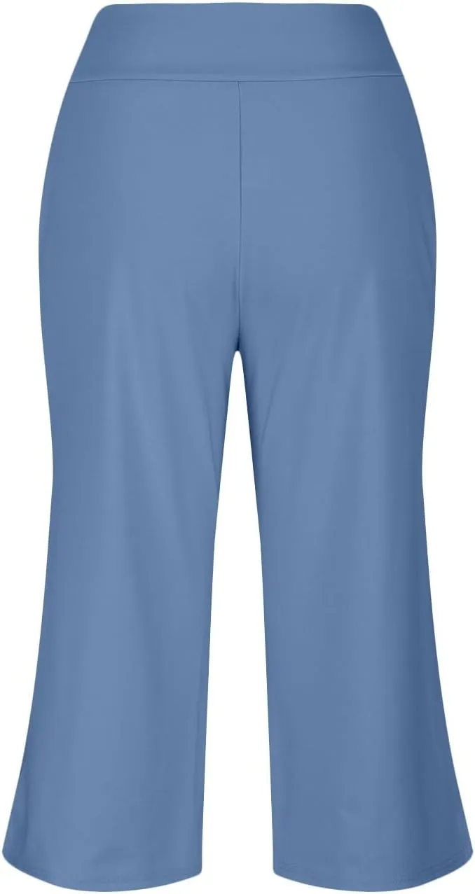 Wide Leg Capri Pants for Women Crossover High Waisted Yoga Pants Summer Loose Fitting Soft Capris with Pockets
