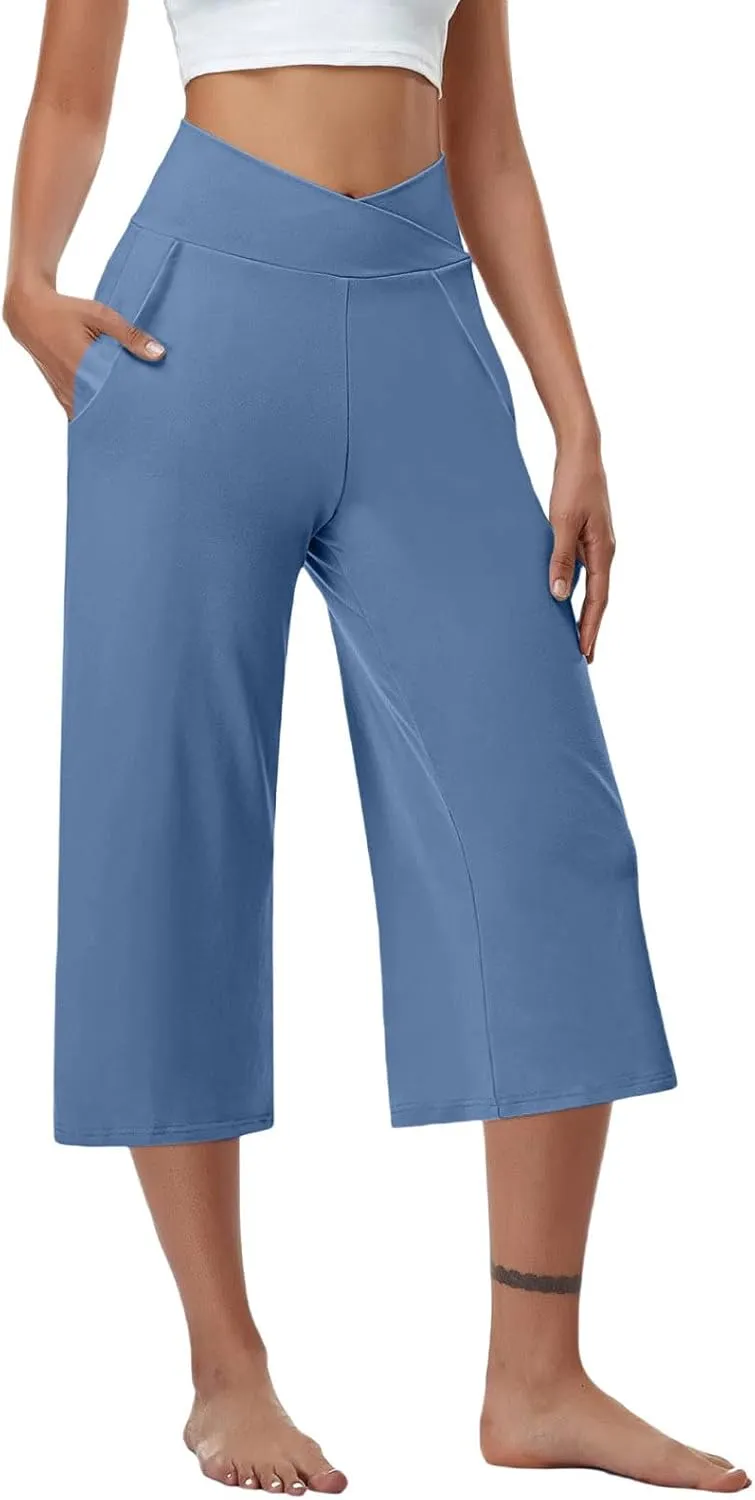 Wide Leg Capri Pants for Women Crossover High Waisted Yoga Pants Summer Loose Fitting Soft Capris with Pockets
