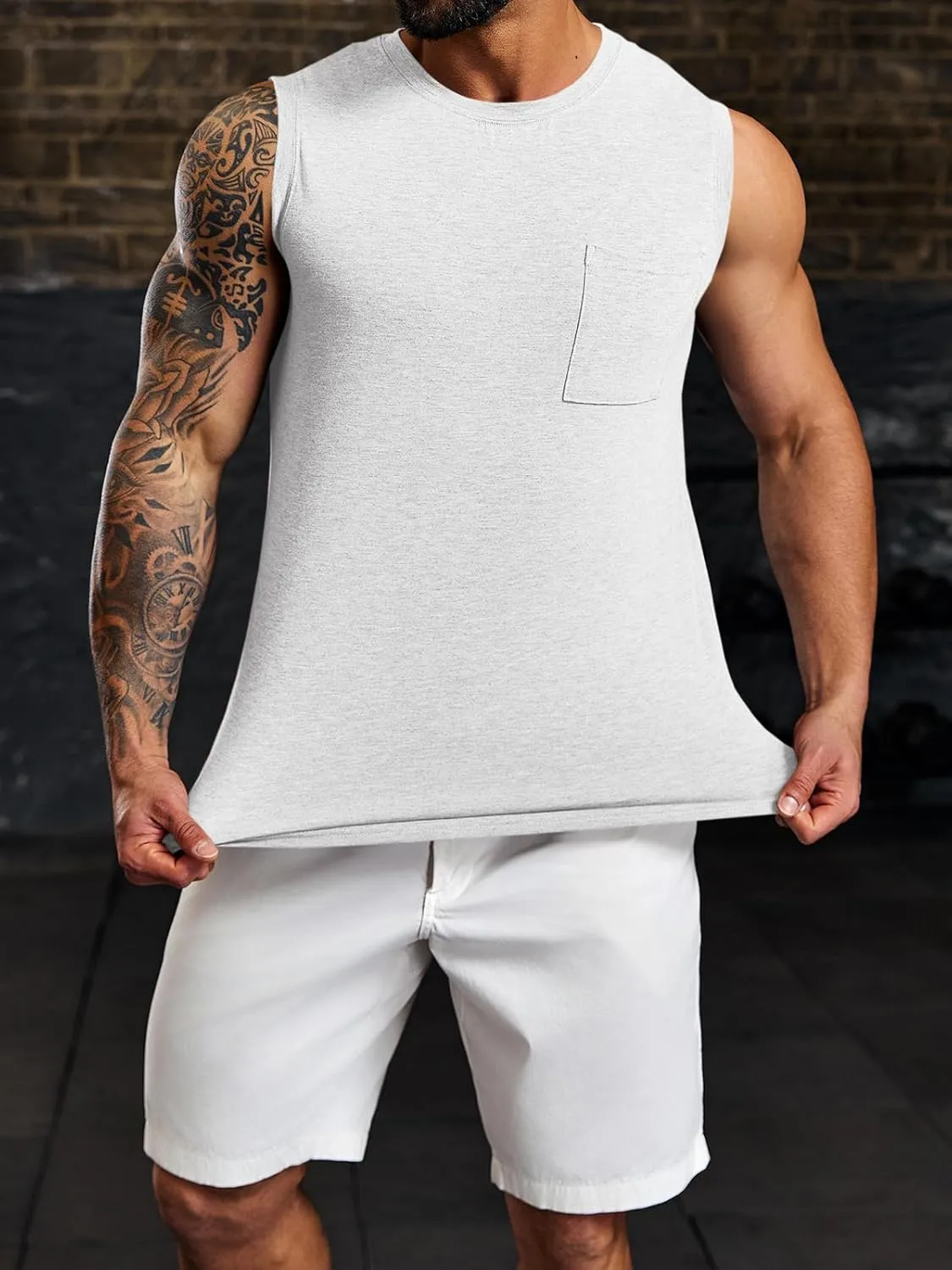 Wihion Men's Sleeveless Gym Tank Tops with Pocket Workout Bodybuilding Muscle T Shirts