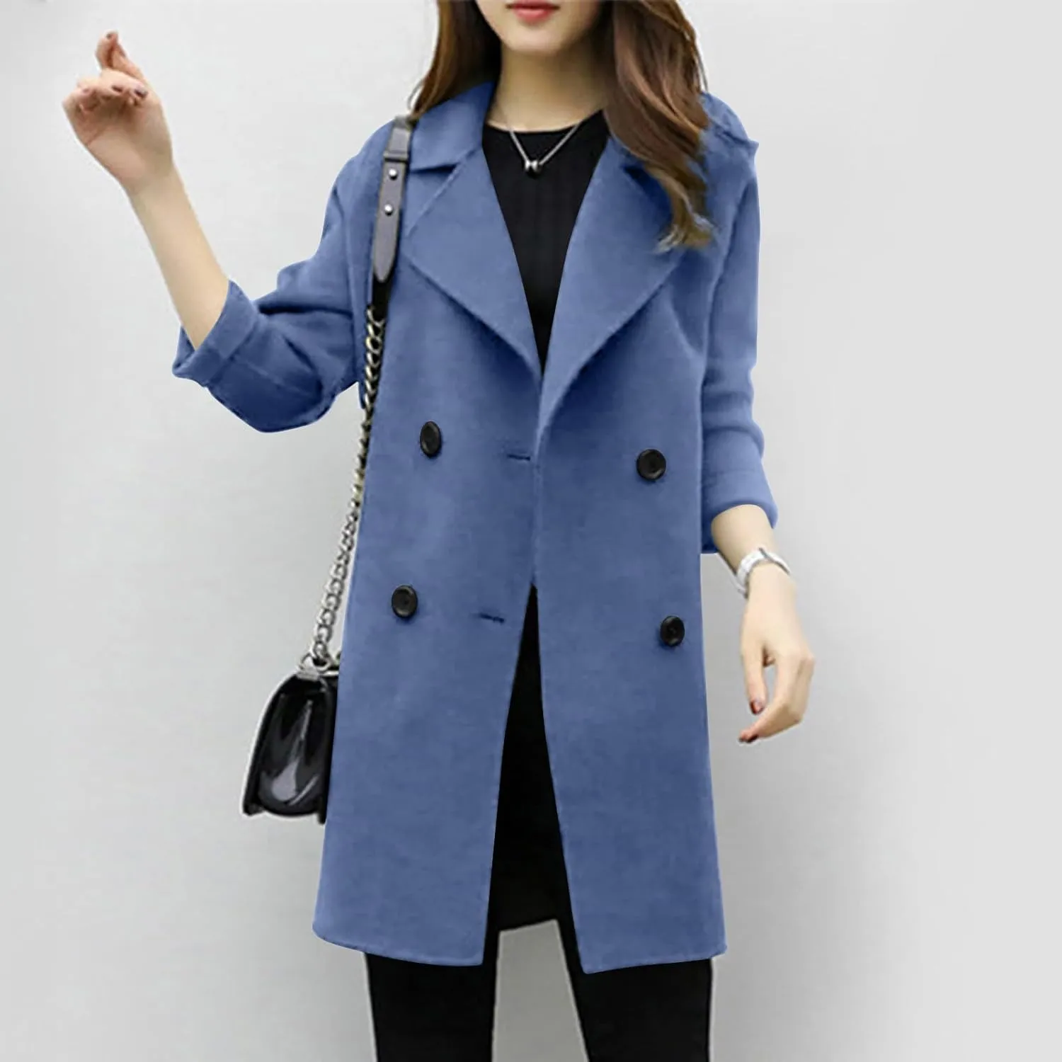 Women Elegant Notched Collar Double Breasted Wool Blend Over Coat Long Sleeve Warm Winter Mid Long Jacket 2024