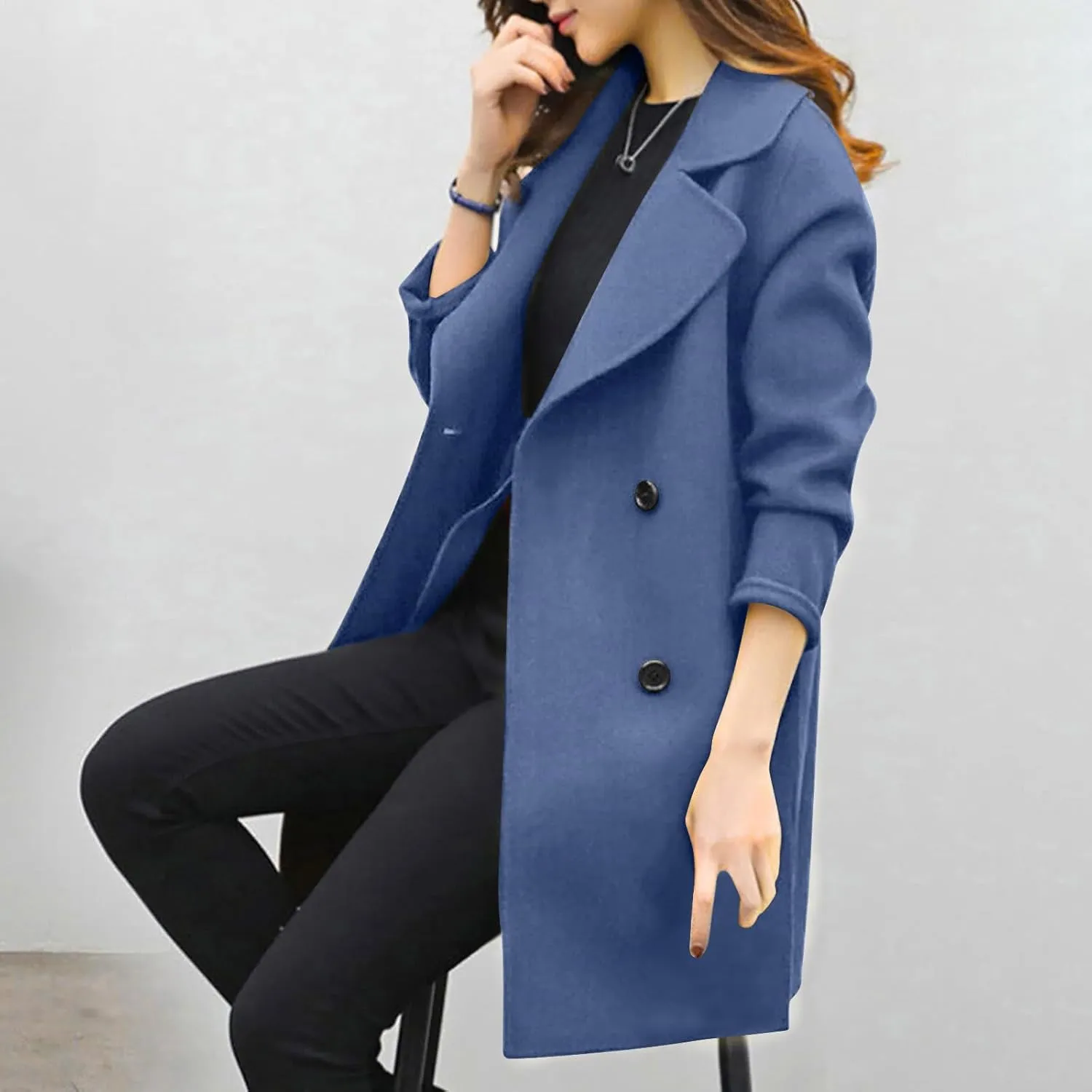 Women Elegant Notched Collar Double Breasted Wool Blend Over Coat Long Sleeve Warm Winter Mid Long Jacket 2024