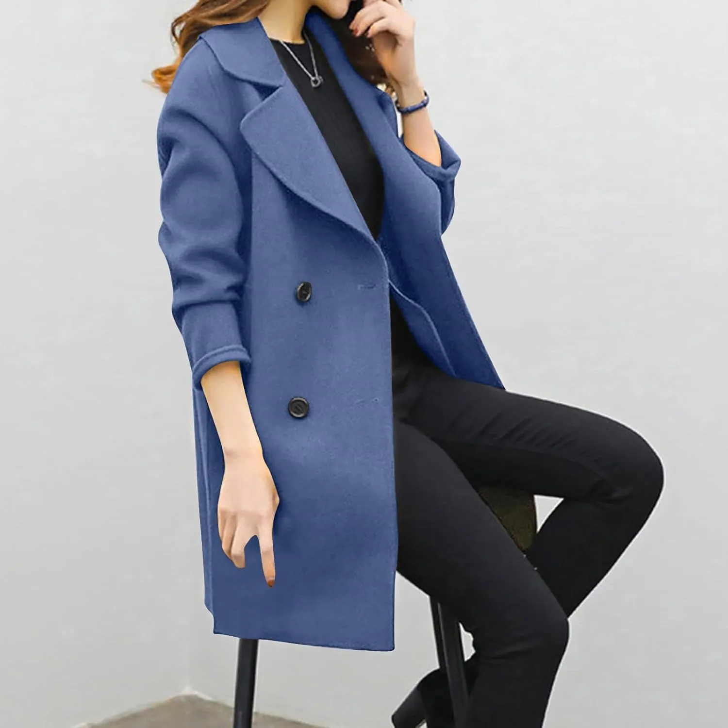 Women Elegant Notched Collar Double Breasted Wool Blend Over Coat Long Sleeve Warm Winter Mid Long Jacket 2024
