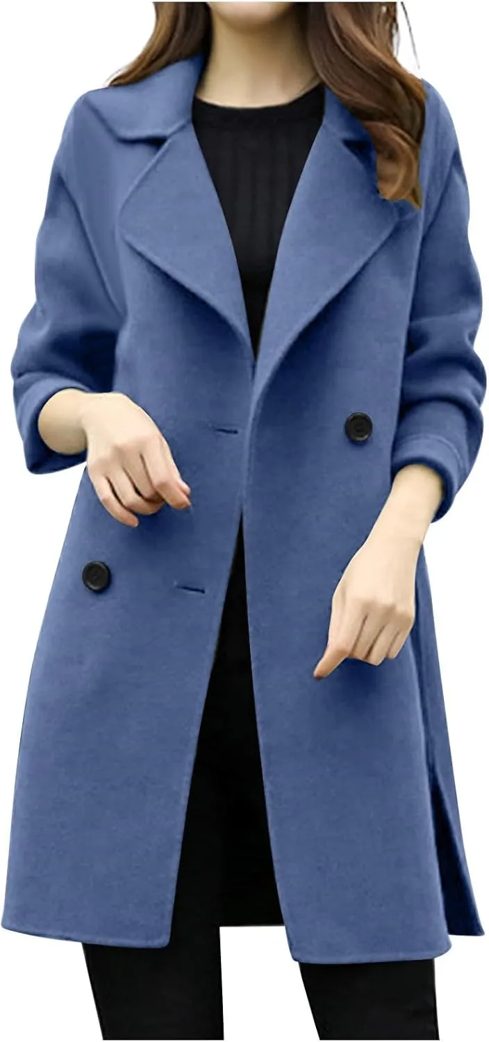 Women Elegant Notched Collar Double Breasted Wool Blend Over Coat Long Sleeve Warm Winter Mid Long Jacket 2024