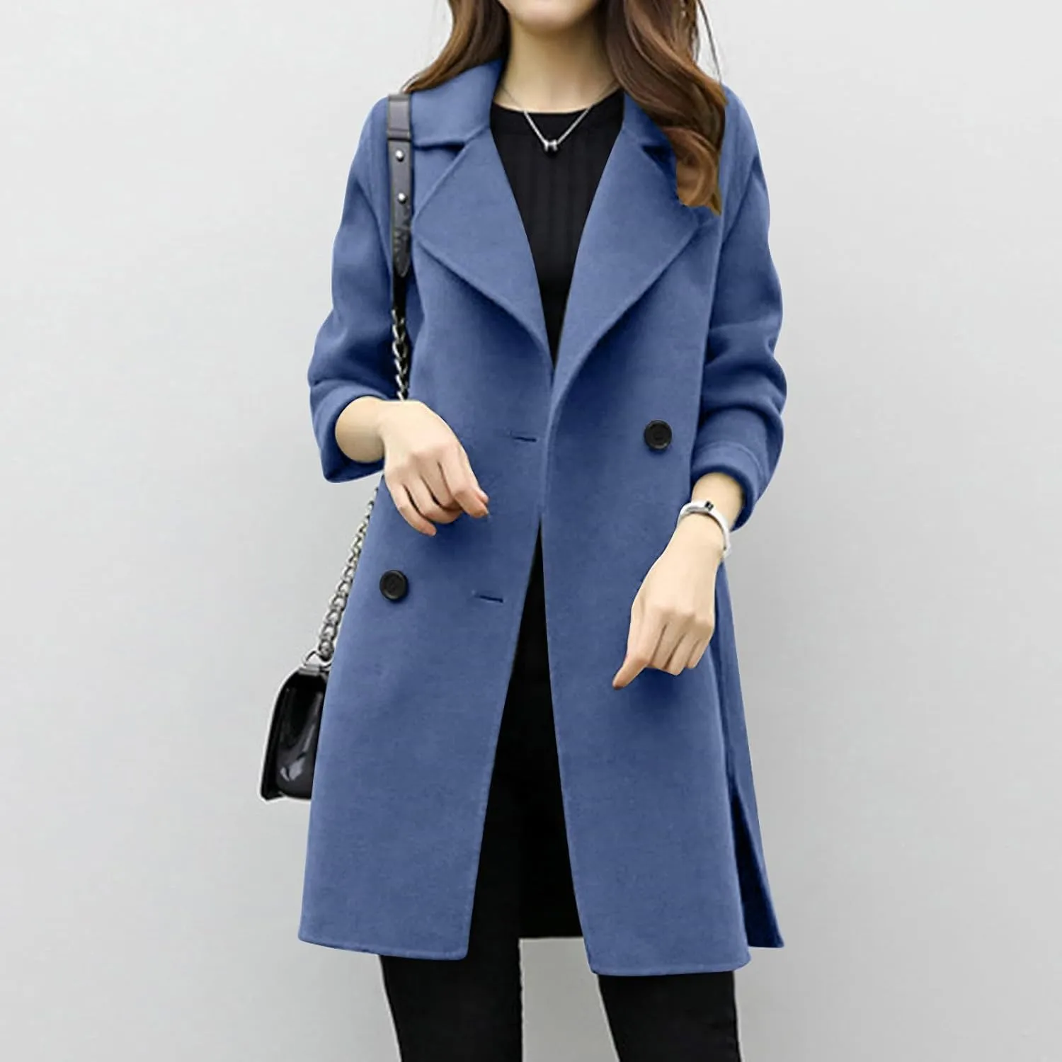 Women Elegant Notched Collar Double Breasted Wool Blend Over Coat Long Sleeve Warm Winter Mid Long Jacket 2024