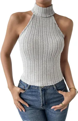 Women Knitted Tops Sleeveless High Neck Tank Top Turtleneck Stretchable Fitted Crop Top Summer Knit Sweater Vest