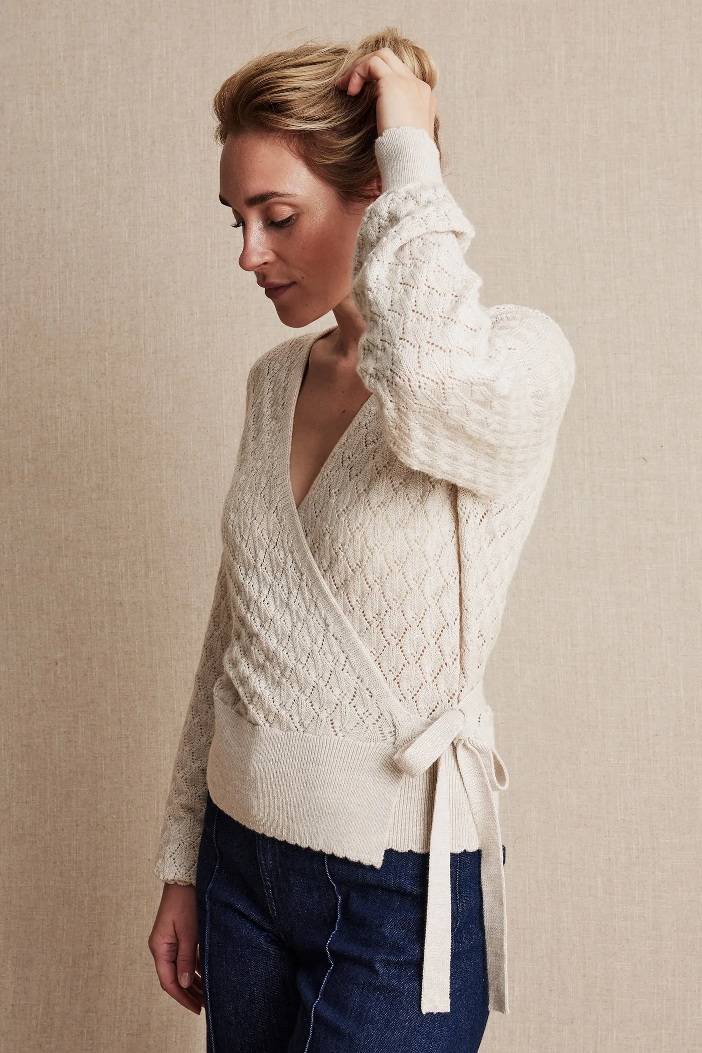 Women's beige wool wrap cardigan