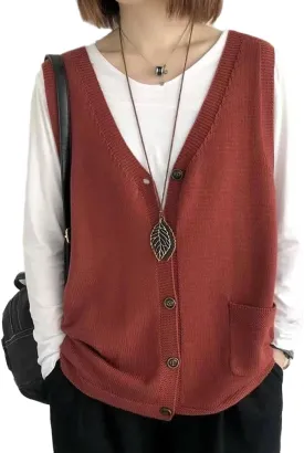 Women's Button V Neck Sleeveless Knitted Layered Cardigan Sweater Vest
