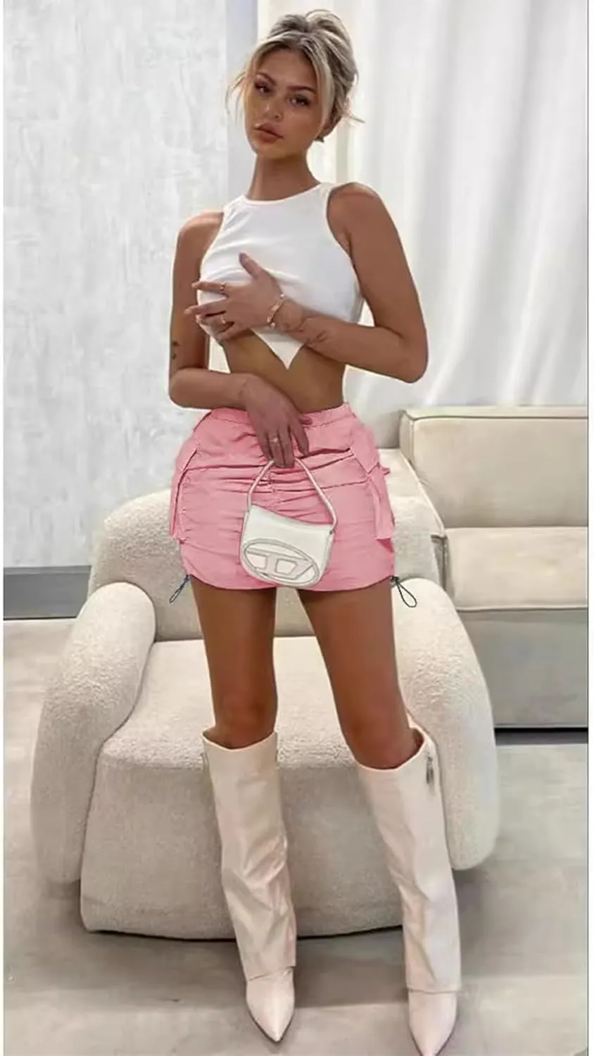 Womens Cargo Skirt Y2k High Waisted Pencil Mini Skirts for Women Sexy Trendy Short Side Drawstring Ruched Bodycon Cute Skirts