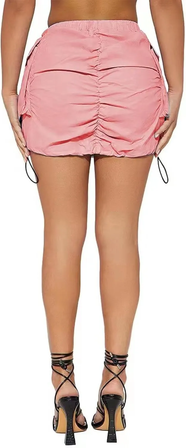 Womens Cargo Skirt Y2k High Waisted Pencil Mini Skirts for Women Sexy Trendy Short Side Drawstring Ruched Bodycon Cute Skirts