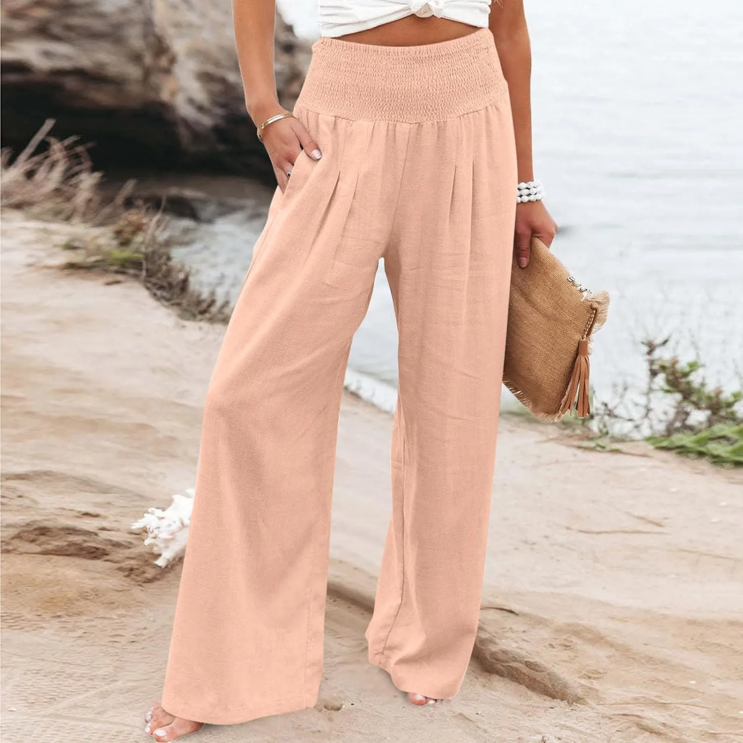 Womens Cotton Linen Palazzo Pants Loose Elastic High Waist Trousers Wide Leg Beach Pant Solid Vacation Casual Outfits