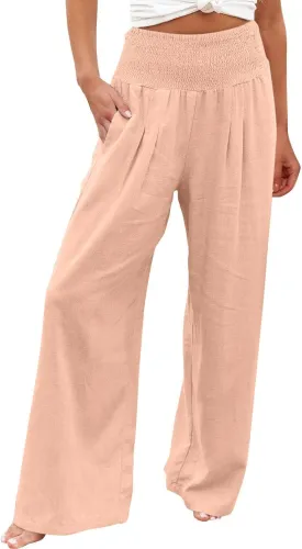 Womens Cotton Linen Palazzo Pants Loose Elastic High Waist Trousers Wide Leg Beach Pant Solid Vacation Casual Outfits