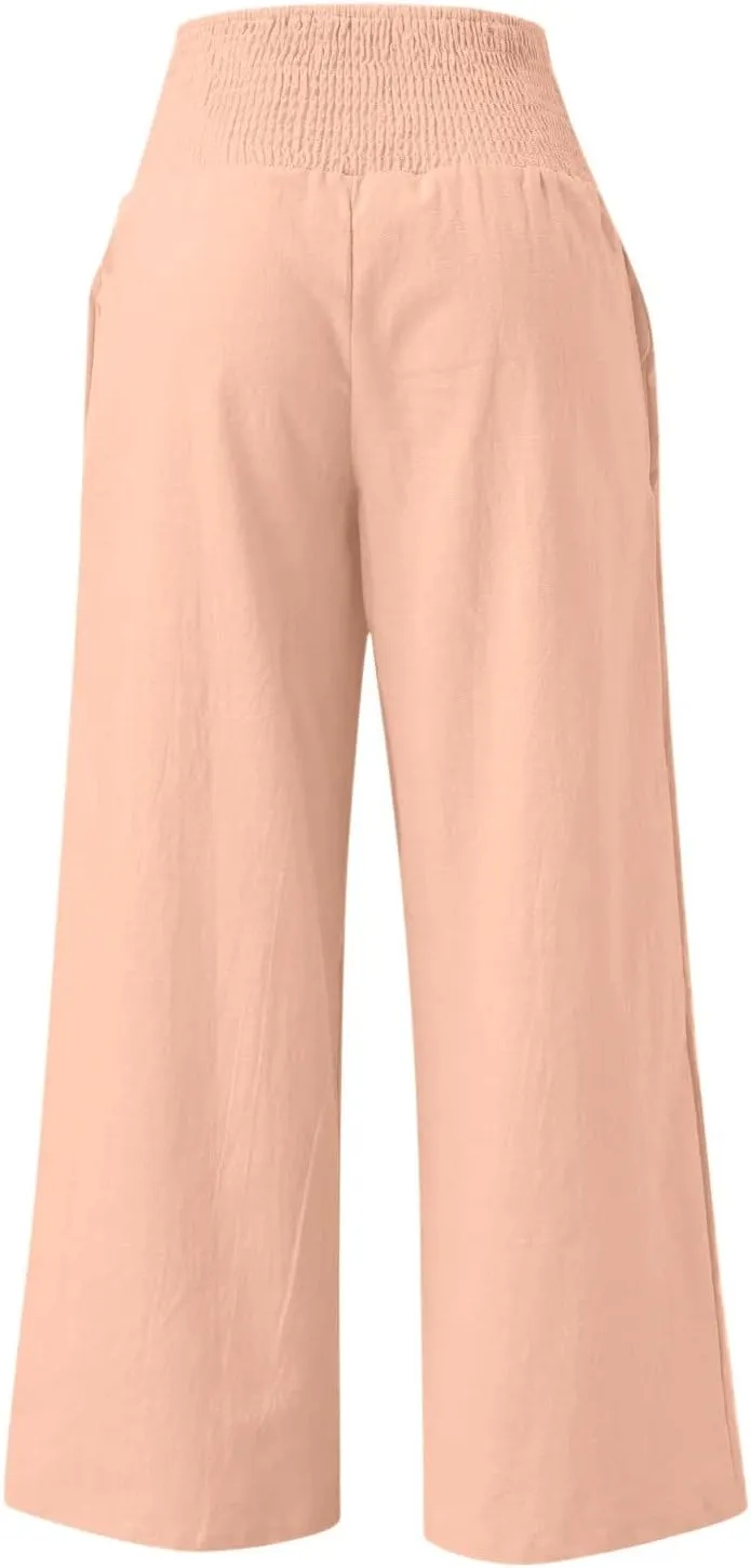 Womens Cotton Linen Palazzo Pants Loose Elastic High Waist Trousers Wide Leg Beach Pant Solid Vacation Casual Outfits