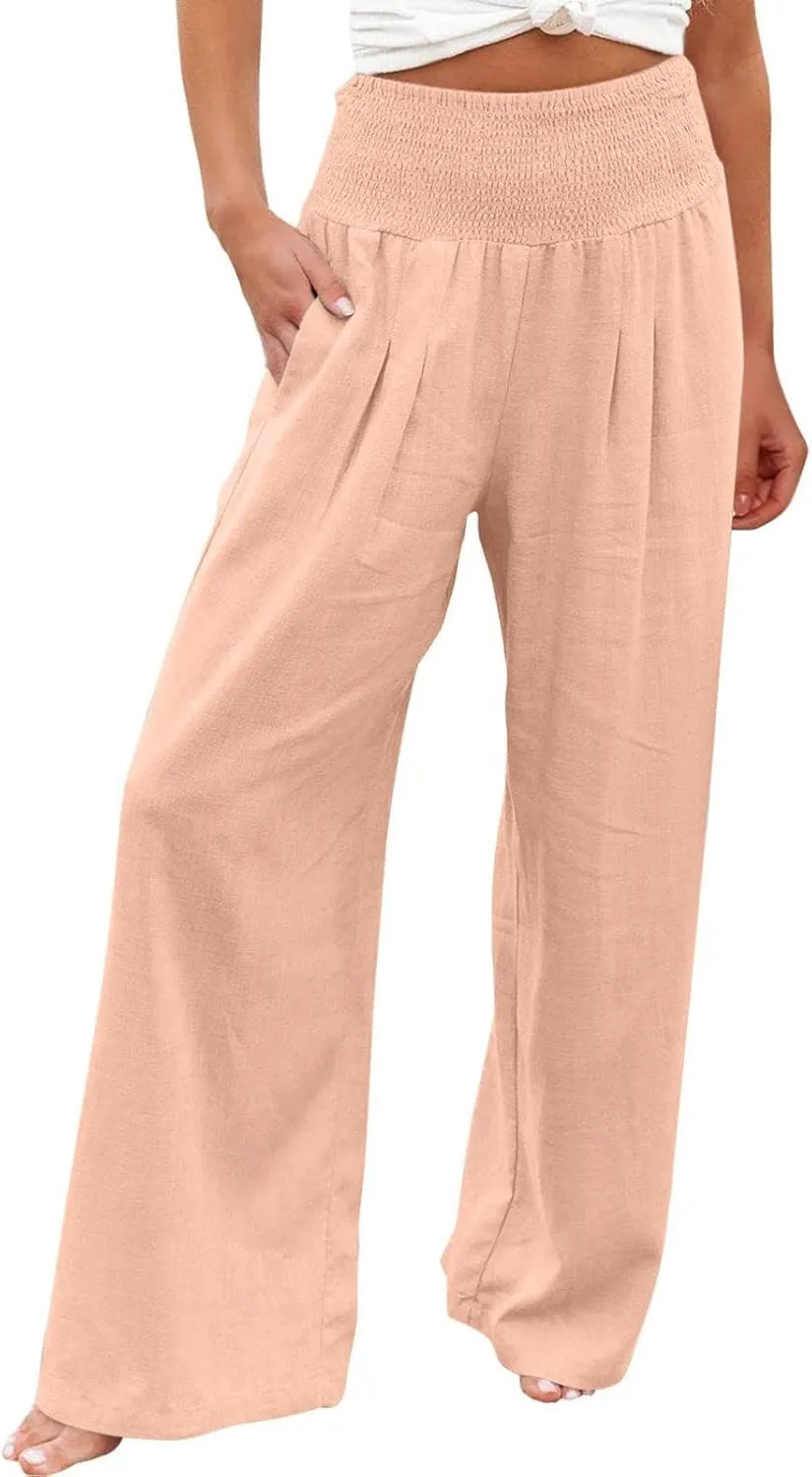 Womens Cotton Linen Palazzo Pants Loose Elastic High Waist Trousers Wide Leg Beach Pant Solid Vacation Casual Outfits