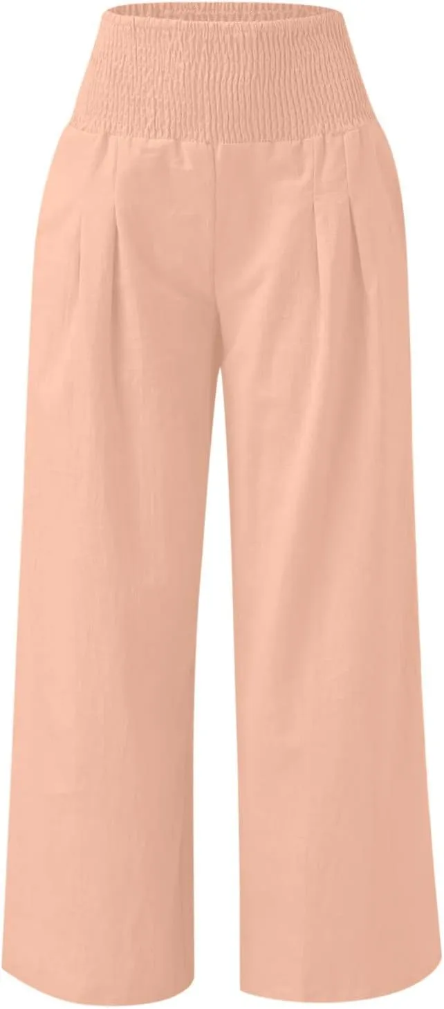 Womens Cotton Linen Palazzo Pants Loose Elastic High Waist Trousers Wide Leg Beach Pant Solid Vacation Casual Outfits