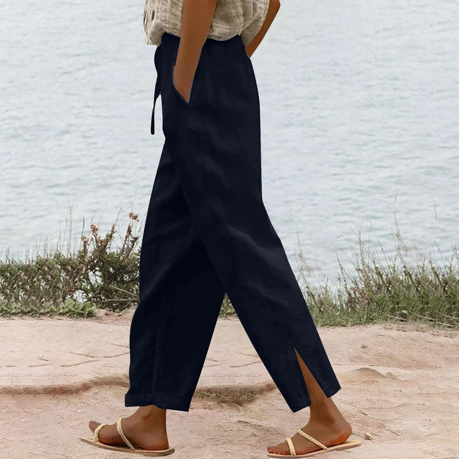 Women's Fashion Loose Casual Solid Color Cotton Linen Dressy Loose Fit Pants