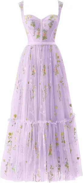 Women's Flower Embroidery Tulle Prom Dresses Tea Length Corset A Line Fairy Formal Evening Party Gown