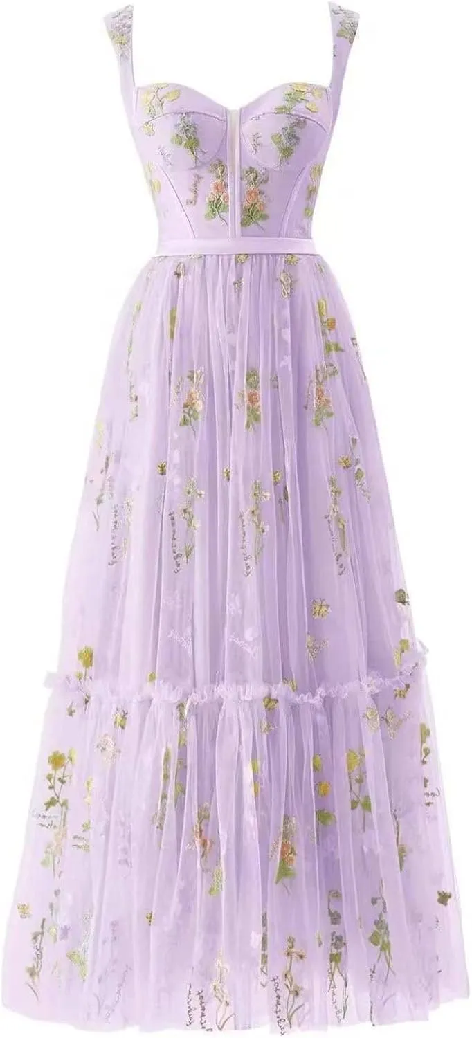 Women's Flower Embroidery Tulle Prom Dresses Tea Length Corset A Line Fairy Formal Evening Party Gown