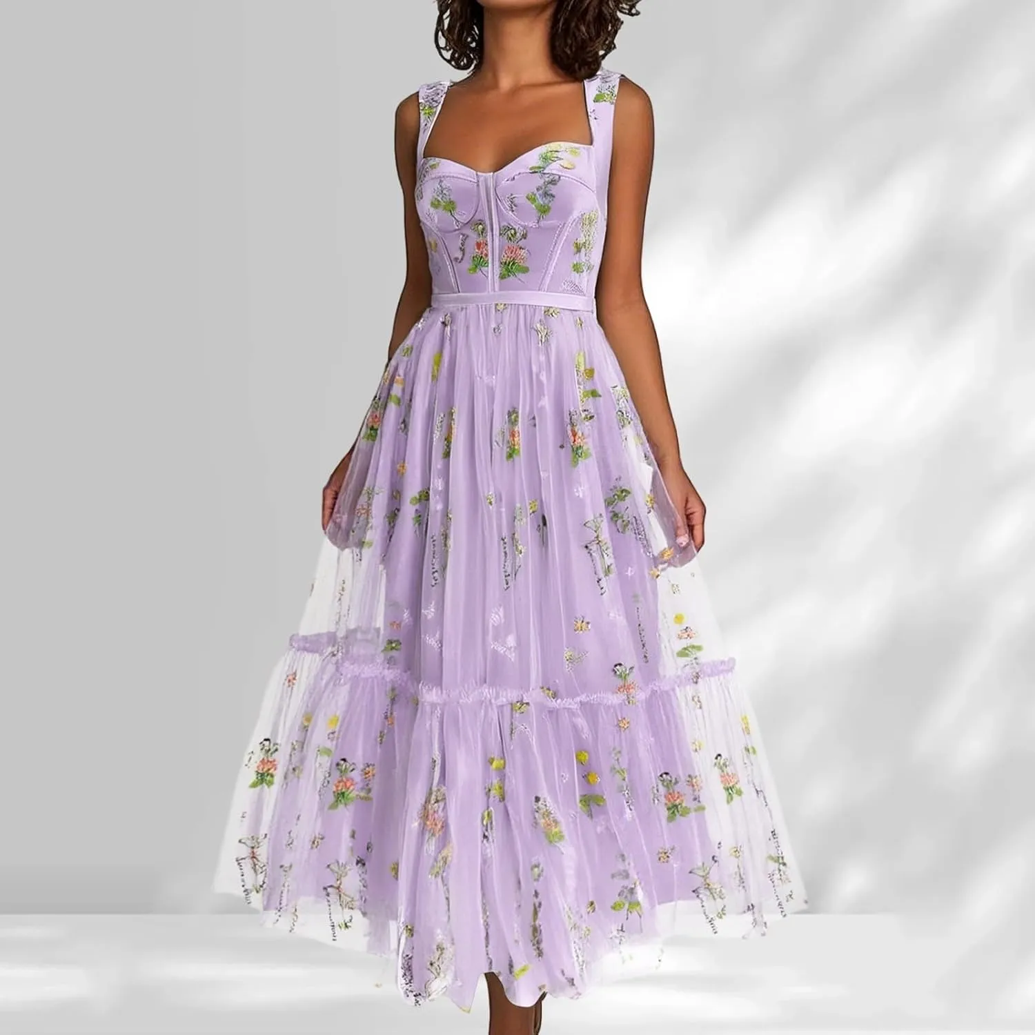 Women's Flower Embroidery Tulle Prom Dresses Tea Length Corset A Line Fairy Formal Evening Party Gown