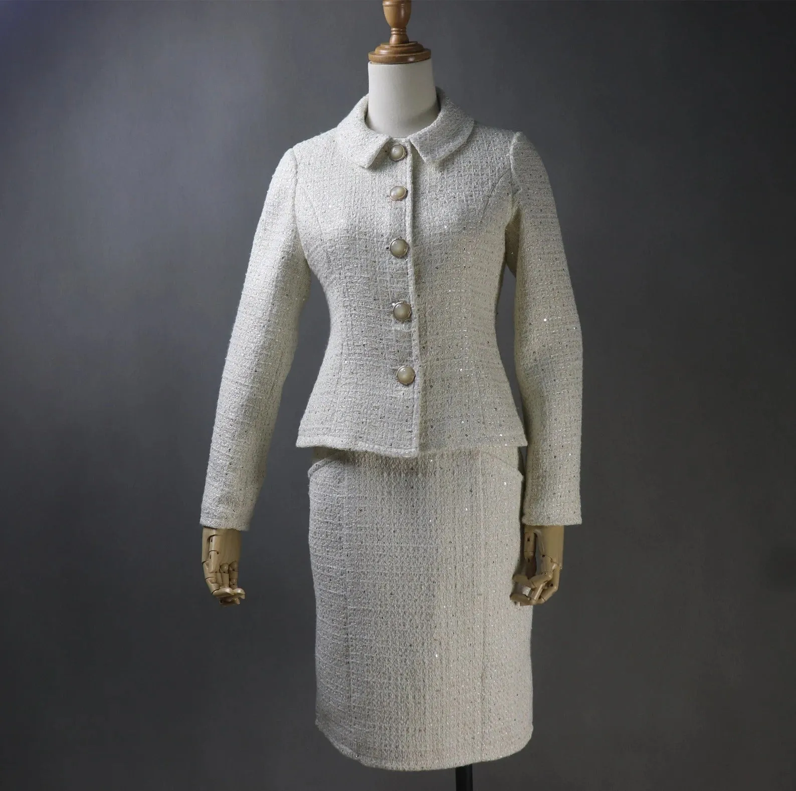 Women's Hand Made Vintage Style Light Beige Tweed Jacket Coat Blazer