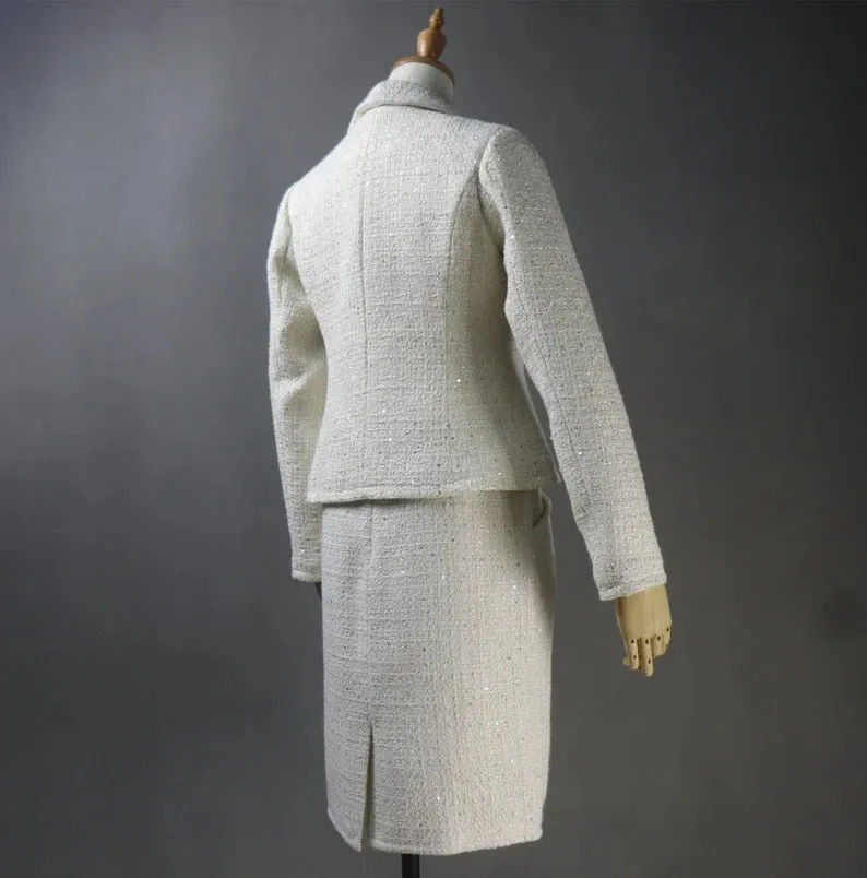 Women's Hand Made Vintage Style Light Beige Tweed Jacket Coat Blazer