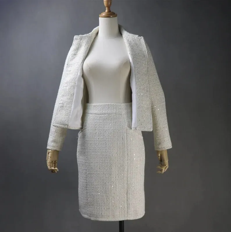 Women's Hand Made Vintage Style Light Beige Tweed Jacket Coat Blazer
