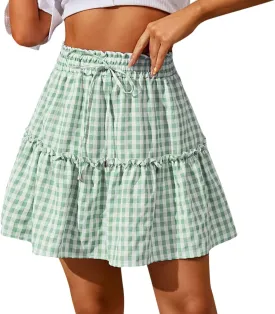 Women's High Waisted Tiered Layered Ruffle Hem Skirt Shirred Casual Mini Skirts