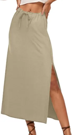 Womens Midi Pencil Skirts Fashion Long Elastic High Waist Side Button Slit Hem Bodycon Wrap Skirt for Party