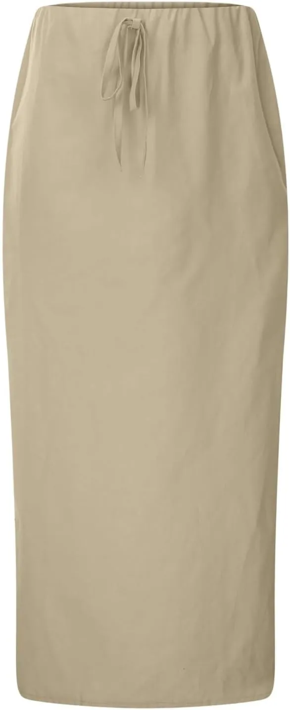 Womens Midi Pencil Skirts Fashion Long Elastic High Waist Side Button Slit Hem Bodycon Wrap Skirt for Party