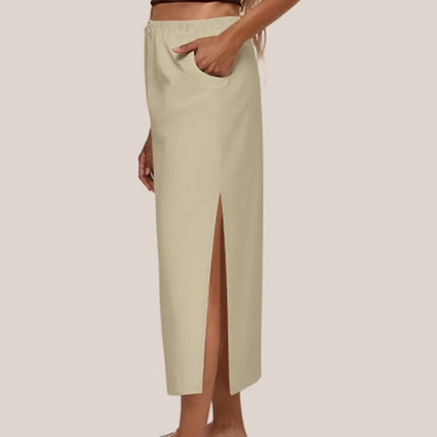 Womens Midi Pencil Skirts Fashion Long Elastic High Waist Side Button Slit Hem Bodycon Wrap Skirt for Party