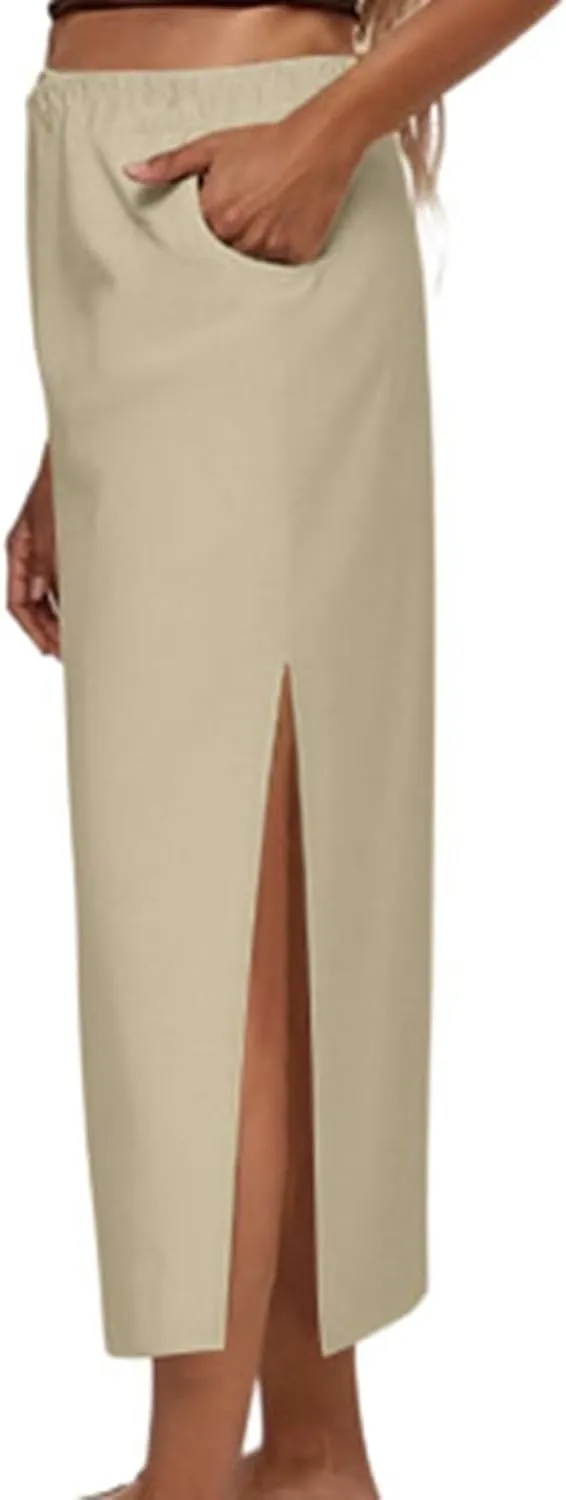 Womens Midi Pencil Skirts Fashion Long Elastic High Waist Side Button Slit Hem Bodycon Wrap Skirt for Party