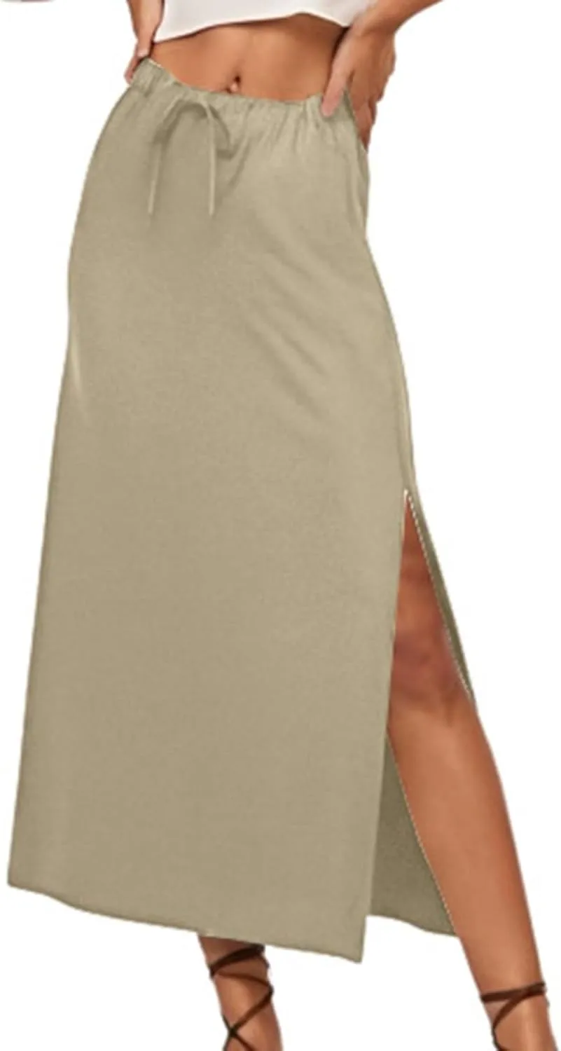 Womens Midi Pencil Skirts Fashion Long Elastic High Waist Side Button Slit Hem Bodycon Wrap Skirt for Party