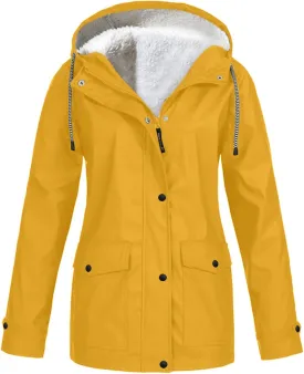 Women's Plus Size Fleece Lined Jacket Waterproof Windproof Snow Ski Hooded Raincoats Outdoor Lightweight Trench Coat