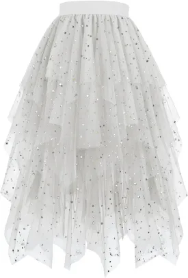 Women's Sequin Mesh Tulle Skirts High Low Layered A-line Skirt Midi Length Irregular Tutu Skirt for Women 2025