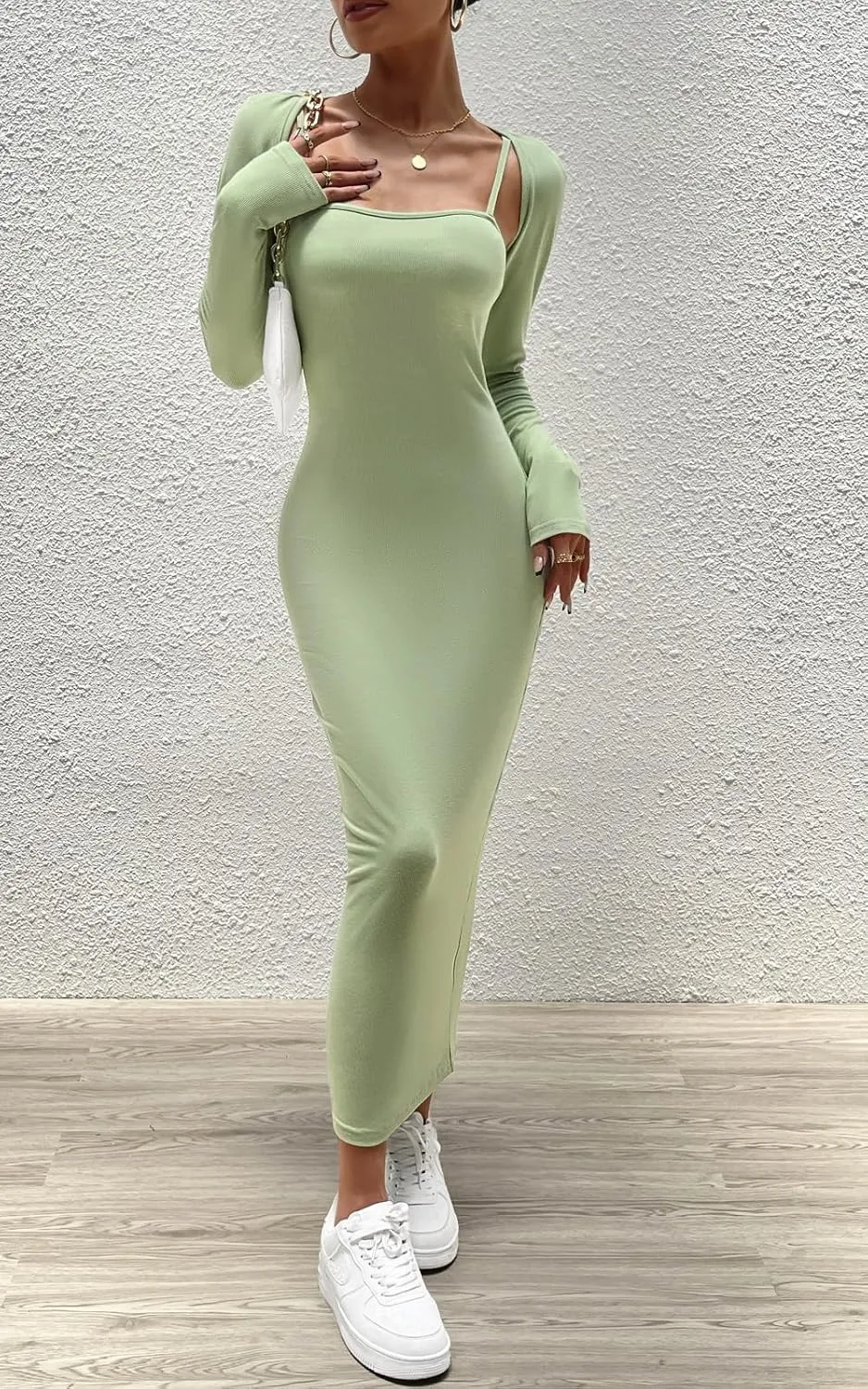 Women's Spring Fall 2 Piece Outfits Slip Bodycon Maxi Dress and Long Sleeve Cropped Cardigan Knit Matching Sets