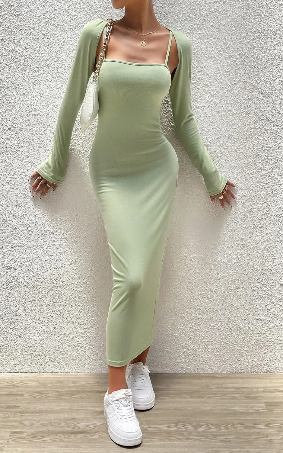 Women's Spring Fall 2 Piece Outfits Slip Bodycon Maxi Dress and Long Sleeve Cropped Cardigan Knit Matching Sets