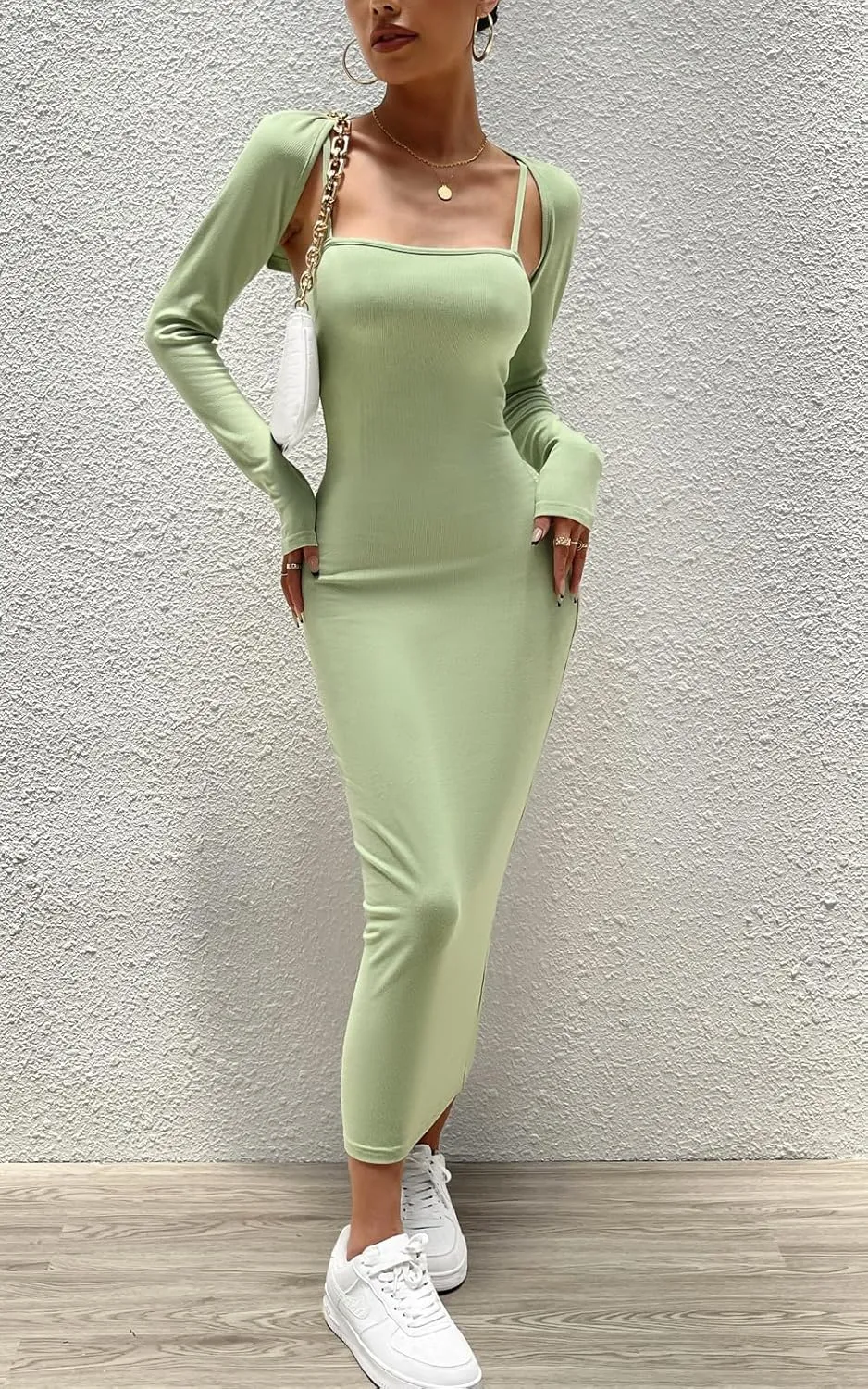 Women's Spring Fall 2 Piece Outfits Slip Bodycon Maxi Dress and Long Sleeve Cropped Cardigan Knit Matching Sets