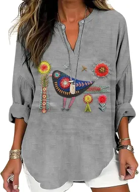 Women's Vintage Floral and Bird Embroidery Art Pattern Cotton and Linen V-Neck Shirt