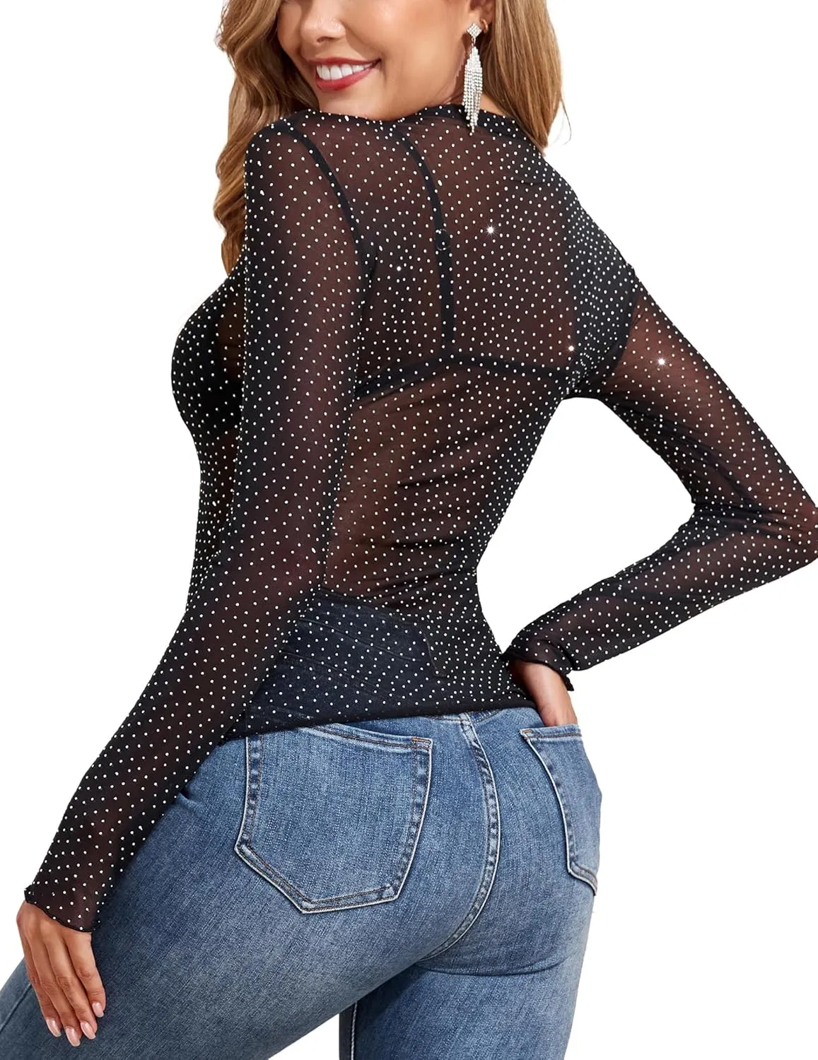 YYA Mesh Top for Women Long Sleeve Round Neck Mesh Shirt Sheer Top Solid Floral Tee Shirts S-XXL
