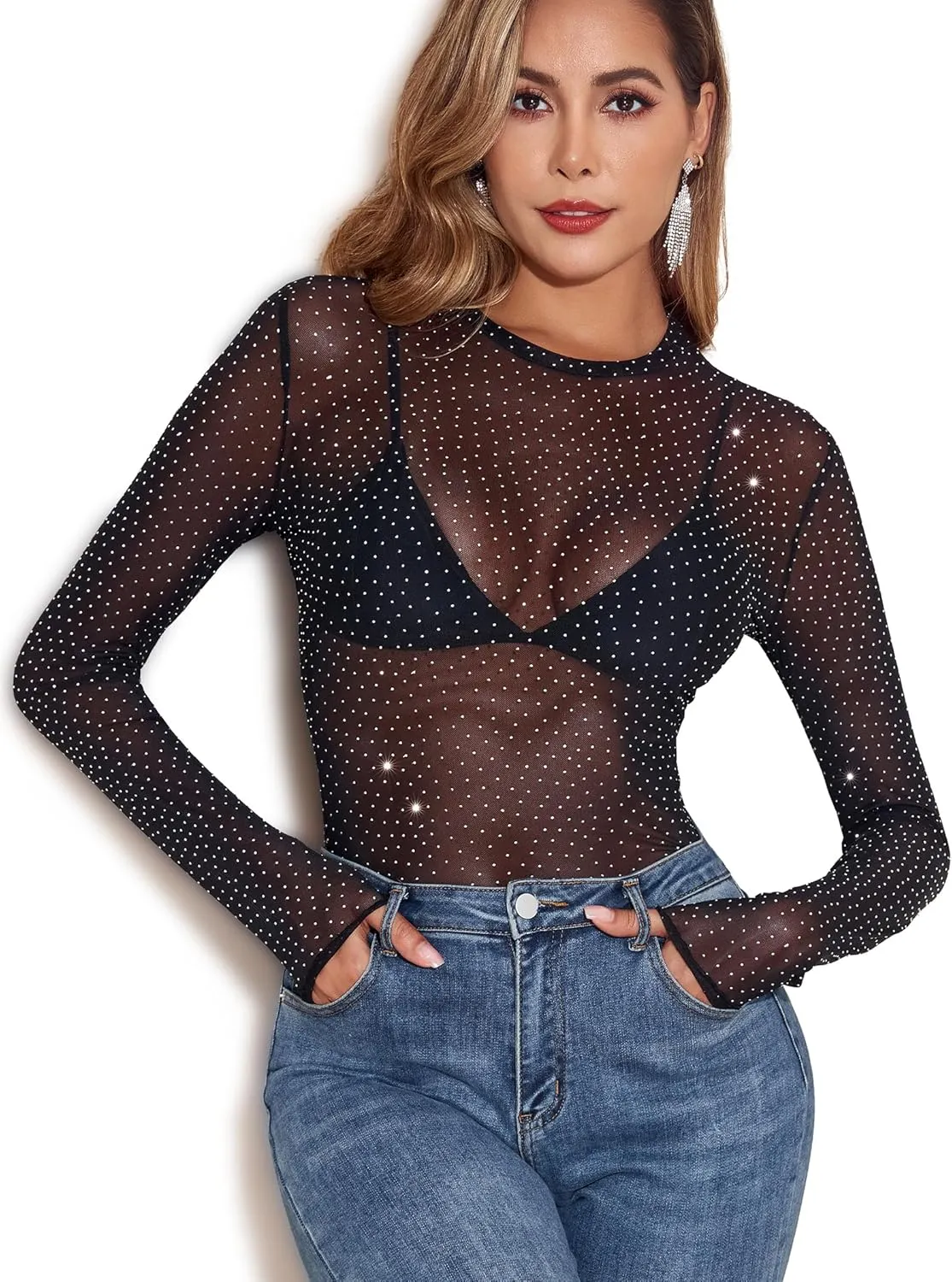 YYA Mesh Top for Women Long Sleeve Round Neck Mesh Shirt Sheer Top Solid Floral Tee Shirts S-XXL