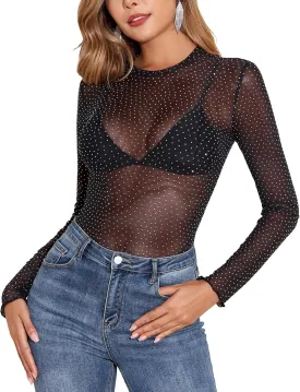 YYA Mesh Top for Women Long Sleeve Round Neck Mesh Shirt Sheer Top Solid Floral Tee Shirts S-XXL