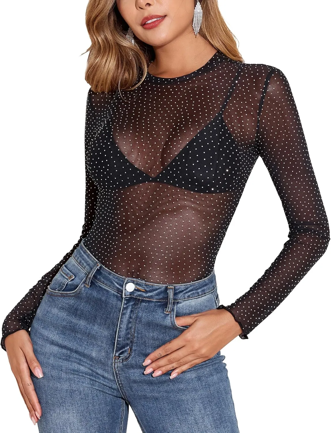 YYA Mesh Top for Women Long Sleeve Round Neck Mesh Shirt Sheer Top Solid Floral Tee Shirts S-XXL